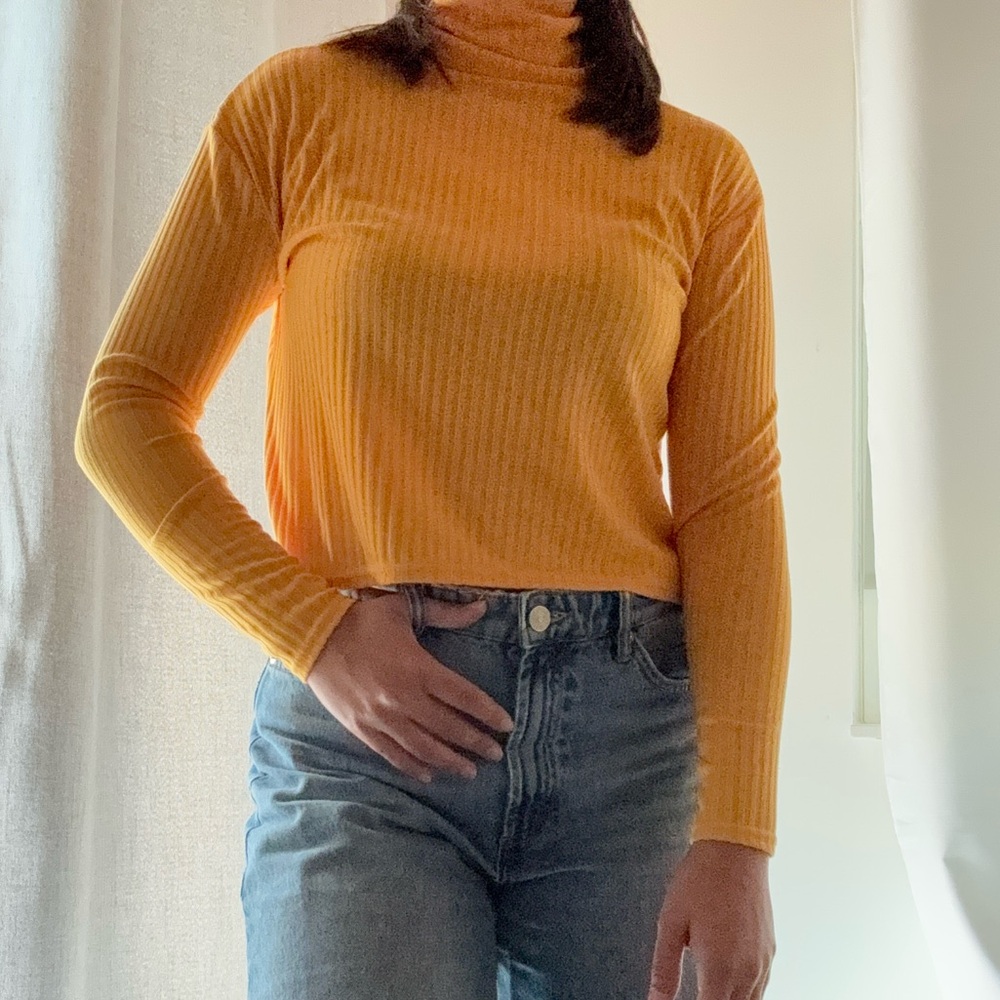 Yellow Turtleneck Ribbed Long Sleeve Shirt